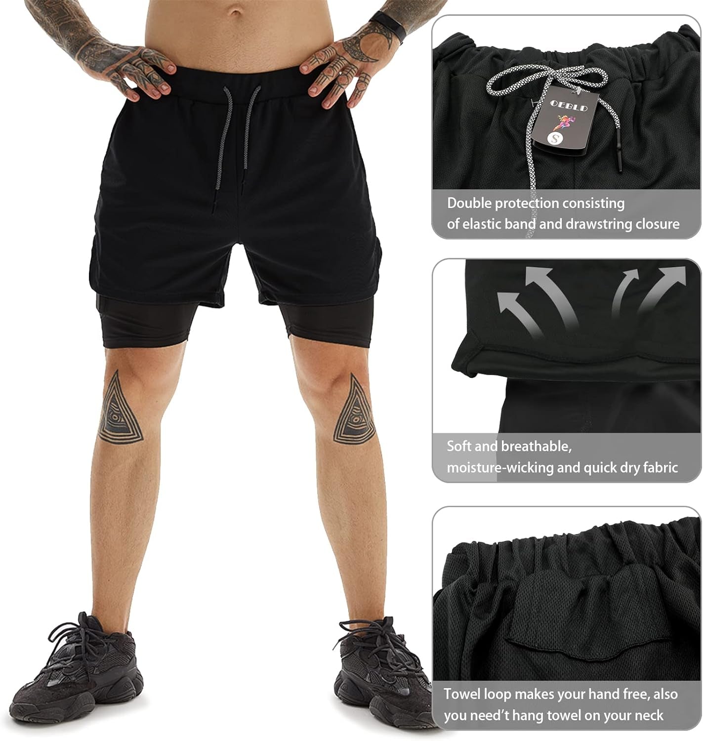 Mens Athletic Shorts 2-In-1 Gym Workout Running 7'' Shorts with Towel Loop