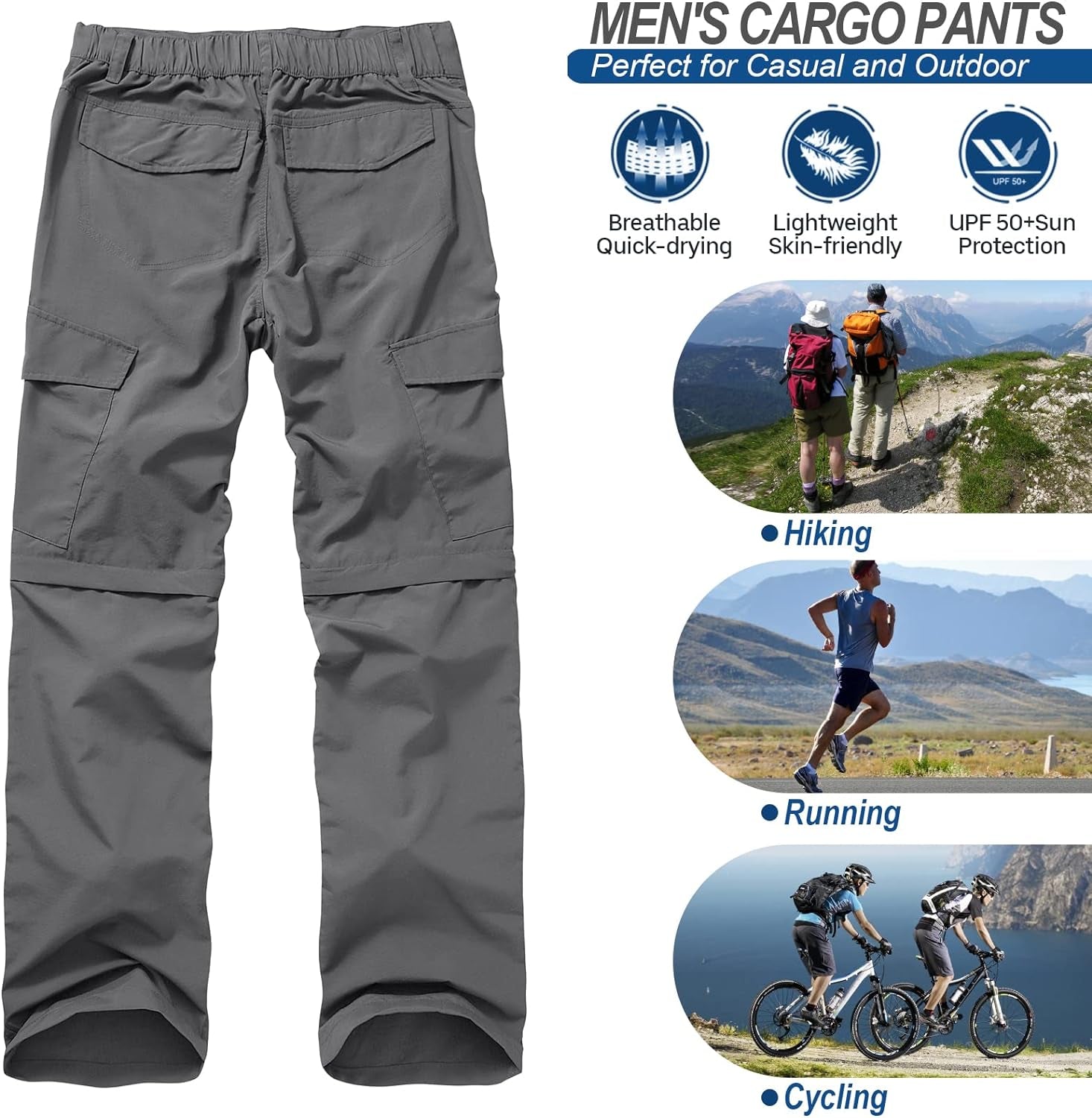 Mens Hiking Pants Quick Dry Lightweight Fishing Convertible Zip off Safari Trousers